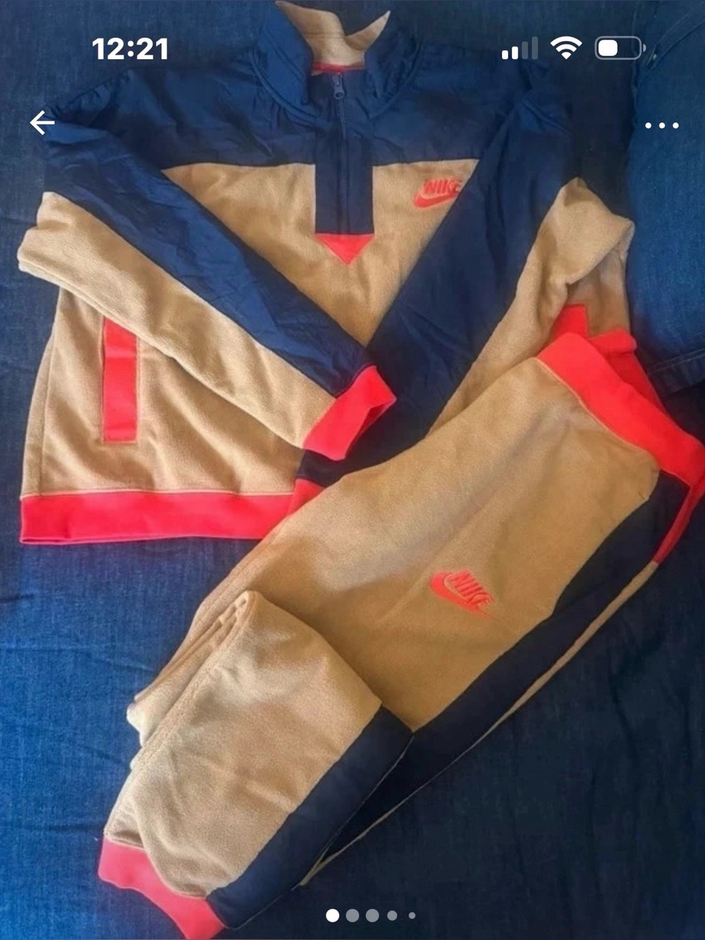 Nike unisex Fleece Track Pants - Tan & Navy with Red Accents